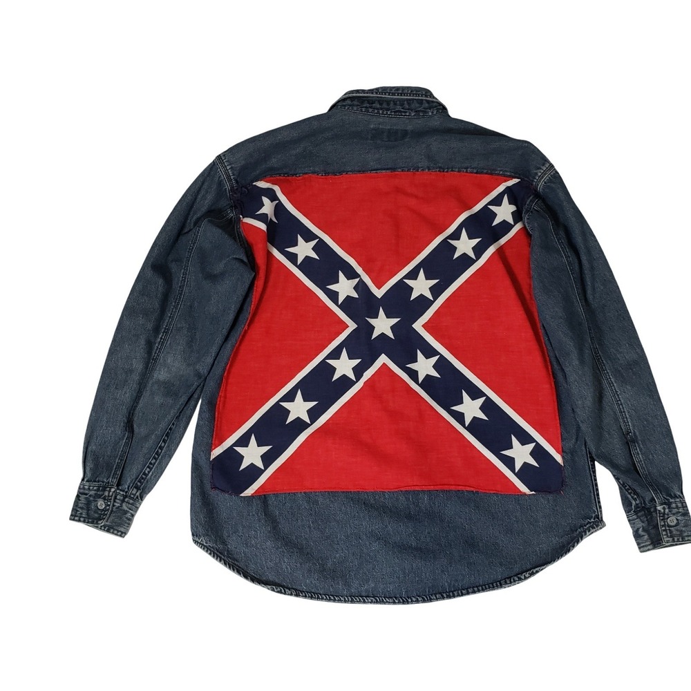 Arizona Jean Company Dark Wash Denim Shirt Confederate Flag Back Patch Mens M